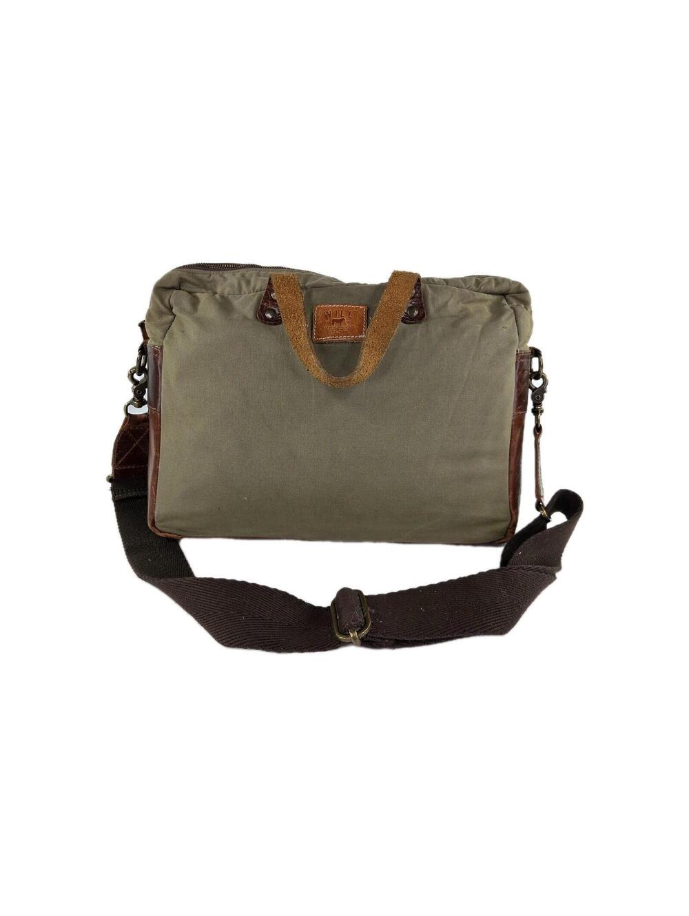 WILL Leather Goods Messanger Bag Green Canvas Leather Trim Strap Briefcase Green